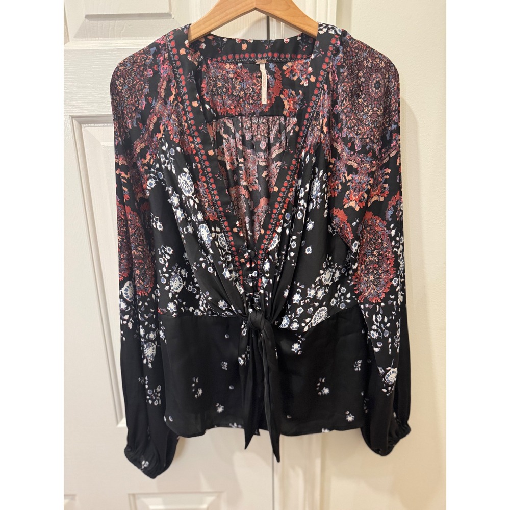 Free People Mixed Floral Paisley Tie Front Blouse Black Multi OB1103986 Womens L